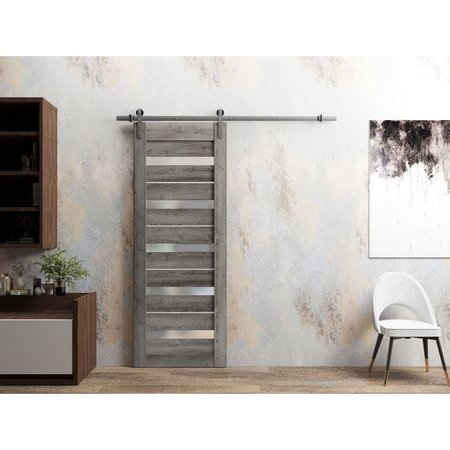 Sartodoors Sturdy Barn Door 36 x 84in, Nebraska Grey W/ Frosted Glass, SS 6.6FT Rail Hangers Heavy Set QUADRO4445BD-S-NEB-3684